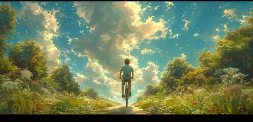 Riding the Clouds: A Cyclist's Dreamy Journey Through the Sky Generative AI
