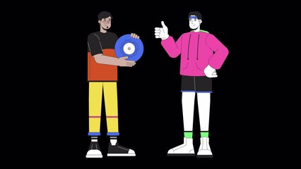 Showing off vinyl record line cartoon animation. Nostalgia fashion 4K video motion graphic. Best friends male retro enthusiasts diverse 2D linear animated characters isolated on transparent background