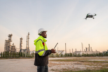 Drone operated by construction worker on building site. Engineer location use drone to fly...