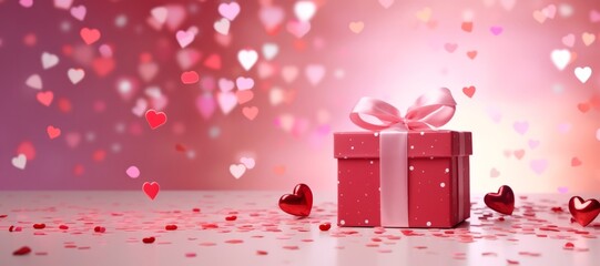 Pink gift box on a pink table with falling heart shaped confetti. Celebrating Valentine's Day, wedding, anniversary or birthday, love, with copi space, banner