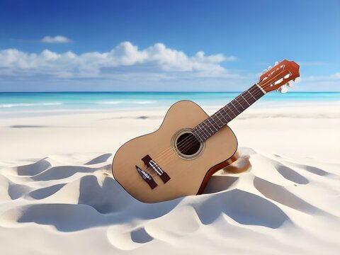 An acoustic guitar on the beach