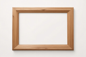 Marco vertical rectangular fino de madera clara colgado en una pared con textura blanca, plano, vista superior, ilustración 3D.