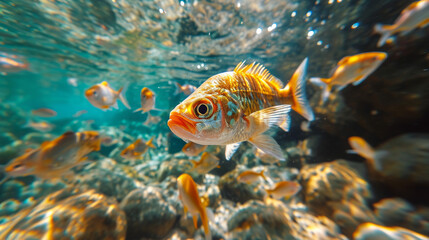 Naklejka premium Fish swimming in a ocean, Fish in the sea with clear water