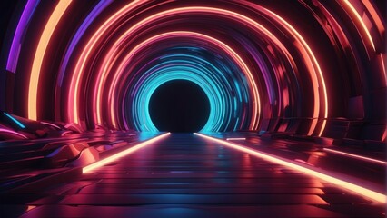 illustration of abstract glowing shiny spiral shaped tunnel with bright neon lines in darkness.  generative, AI.