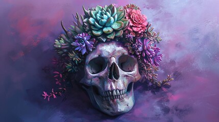 Vibrant pop surrealism, framing, carnivalesque, violet style, with a skull topped with succulents