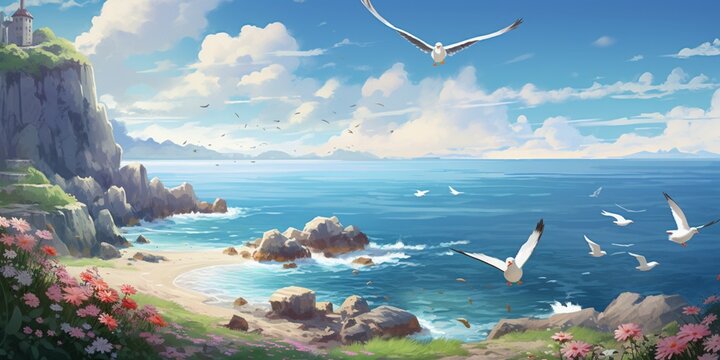A coastal scene with blooming beach flowers, where seagulls soar in the sky, and a seal rests on a rocky outcrop.