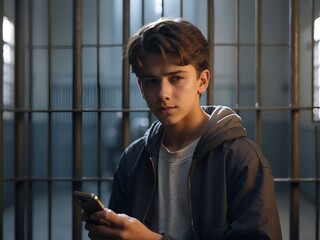 Junge im Gefängnis mit seinem Handy gefangen
