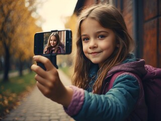 Junges hübsches Mädchen zeig das Selfie welches sie gerade geschossen hat mit ihrem smartphone