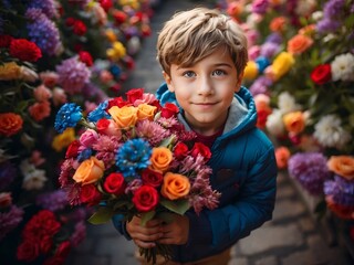 Junge gratuliert mit einem Blumenstrauß seiner Mutter zum Muttertag