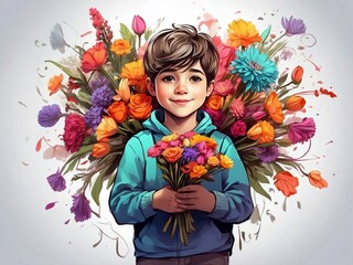 Junge gratuliert mit einem Blumenstrauß seiner Mutter zum Muttertag