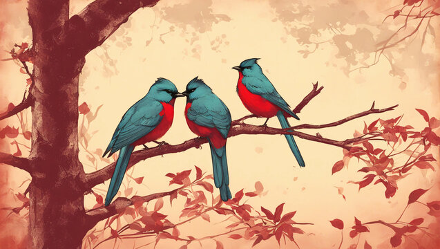 Colorful blue and red birds sitting on a branch.
