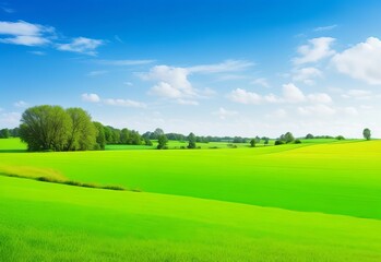 Fototapeta premium Country landscape with fields green grass trees