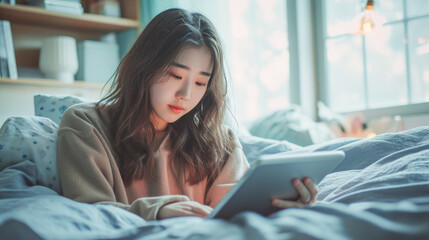 ベッドでタブレットを見る思春期の若い女性