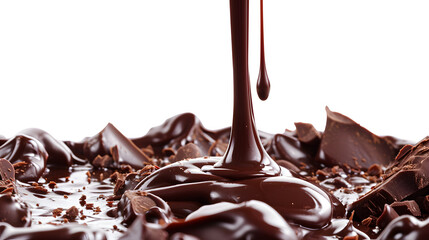 Pouring chocolate dripping from top isolated on white