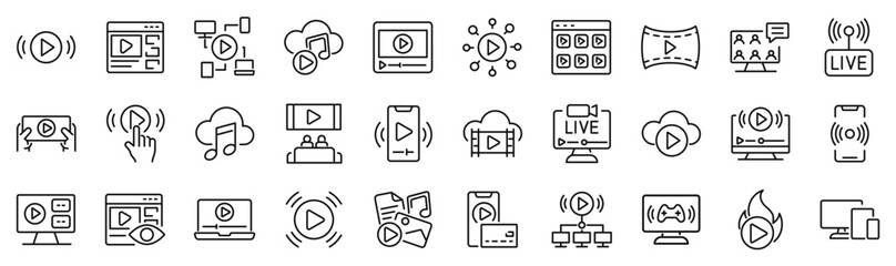 Set of 30 outline icons related to streaming media services. Linear icon collection. Editable stroke. Vector illustration - obrazy, fototapety, plakaty