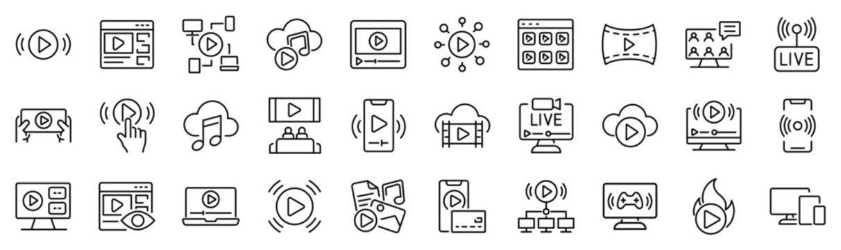 Set of 30 outline icons related to streaming media services. Linear icon collection. Editable stroke. Vector illustration