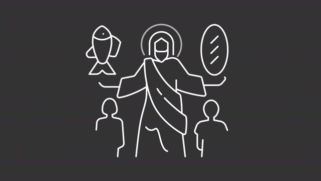Jesus feed 5000 white line animation. Jesus Christ animated icon. New testament. Christian theology. Isolated illustration on dark background. Transition alpha video. Motion graphic