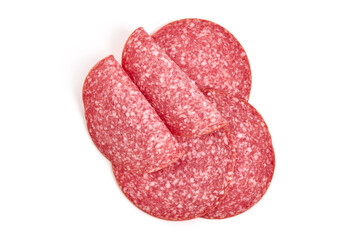 Salami slices isolated on white background.