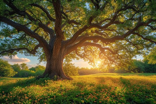 Sunlit Serenity: A Tree's Embrace in a Field of Flowers Generative AI