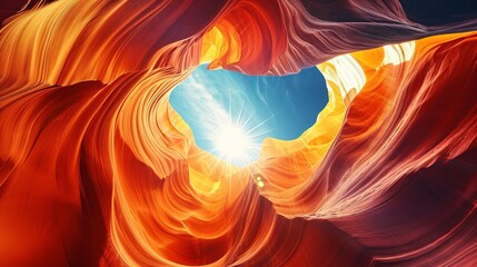 Antelope canyon in Arizona, stone above and below, blue sky and sun in the middle, light blue and orange