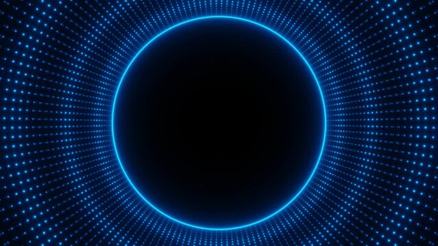 Blue neon circle frame with waves of dots loop animation