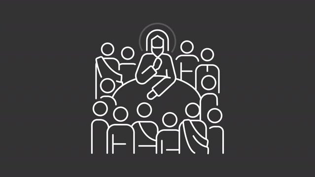Last Supper white line animation. Jesus Christ and twelve apostles animated icon. Holy communion. New testament. Isolated illustration on dark background. Transition alpha video. Motion graphic