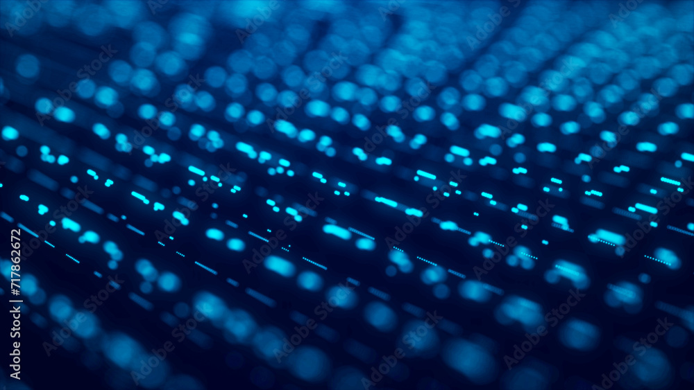 Poster Abstract blue background of points. Falling cyber particles. Big data stream. 3d rendering