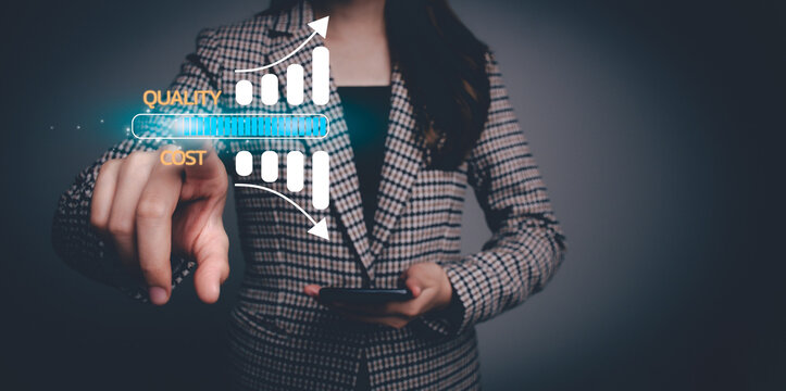 Businesswoman working on smartphone with quality control growth graph and cost reduction. Control Quality and cost optimization for products or services to improve customer satisfaction.