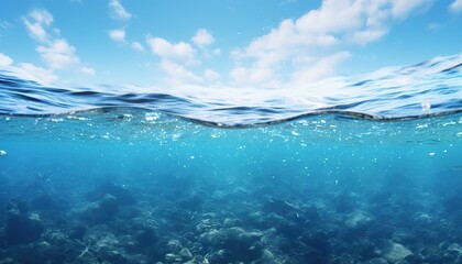 Fototapeta na wymiar Water wave underwater blue ocean swimming pool wide panorama background, blue sky