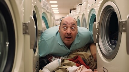 Stressed and squeezed, crushed funny person doing laundry with washing machine in a laundromat, overwhelmed with chores, feeling shattered, claustrophobic, the walls get closer, the room gets smaller