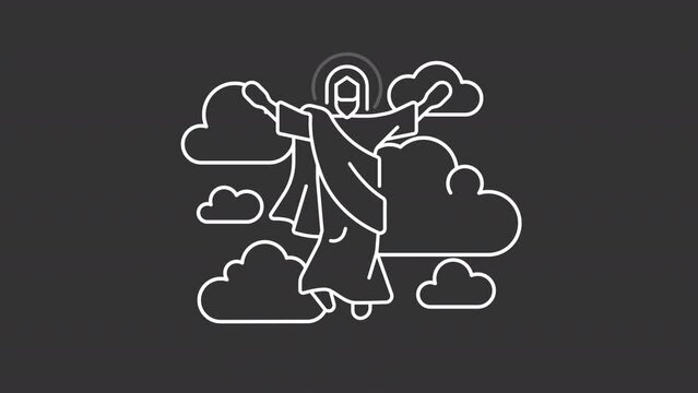 Ascension white line animation. Jesus Christ animated icon. Ascent of Jesus into heaven. New testament. Isolated illustration on dark background. Transition alpha video. Motion graphic