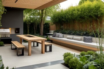 Contemporary outdoor living area - landscaped garden and seating for entertaining and cooking. Generative AI