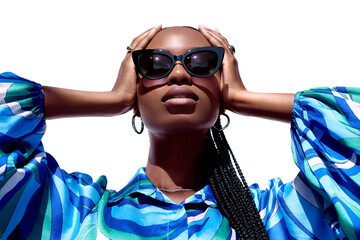 Sunglasses high fashion beauty portrait. African american young woman with afro braids hairstyle is...