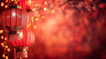 Chinese lanterns on glitter Background and bokeh lights with copy space.2024 happy Chinese new year celebration concept with Cherry tree blossom.
