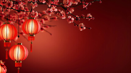 Chinese lanterns on Background with copy space.2024 happy Chinese new year celebration concept with Cherry tree blossom.