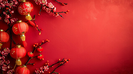 Chinese lanterns on red background with copy space.2024 happy Chinese new year celebration concept. Glitter Background and bokeh lights with Cherry tree blossom.