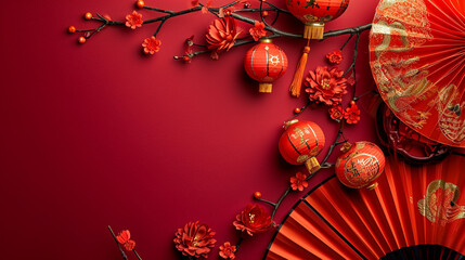 Chinese lanterns,hand fan and Chinese umbrella on Background with copy space.2024 happy Chinese new year celebration concept with Cherry tree blossom.
