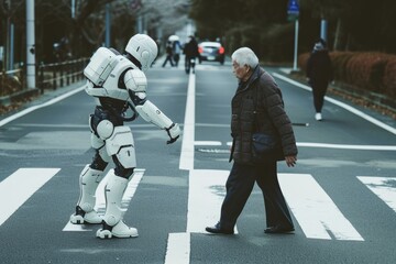 Obraz premium A futuristic robot, powered by artificial intelligence, assisting an elderly person in crossing the road 