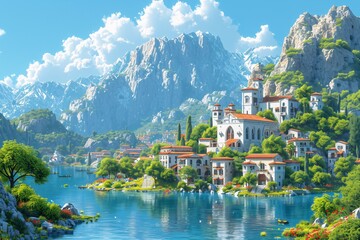 Fototapeta premium Aquatic Paradise: A Serene Mountain Town by the Lake Generative AI