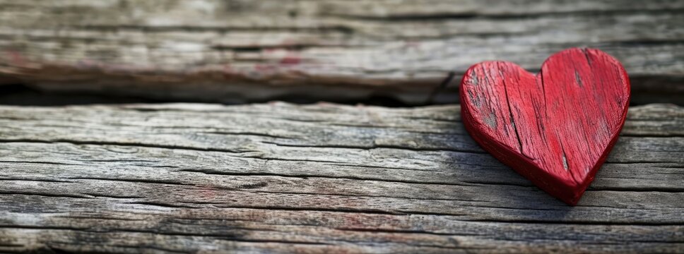Valentine's Day red wooden heart on an old vintage wooden background, with a soft focus and sunlight casting a warm glow, creating a romantic and nostalgic atmosphere.Ai generated