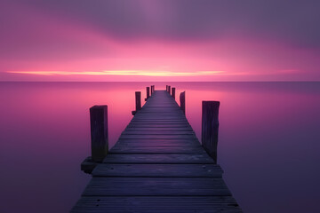 Fototapeta premium As the vibrant hues of the sunrise illuminate the sky, a serene wooden dock stretches out towards the calm waters of the lake, inviting one to bask in the peaceful beauty of the outdoor landscape