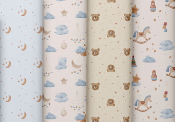 Watercolor Seamless Patterns Set With Baby Toys And Sleeping Accessories.