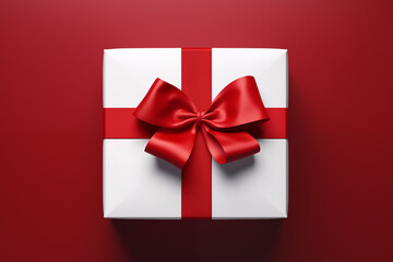 Gift box with red ribbon on red background. Generative ai