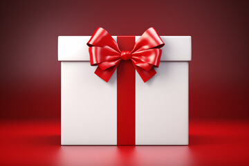 Gift box with red bow on redbackground. Generative ai