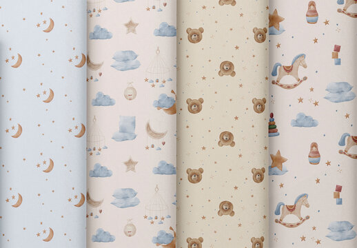 Watercolor Seamless Patterns Set With Baby Toys And Sleeping Accessories.