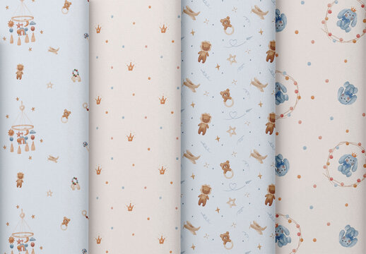 Watercolor Seamless Patterns Set With Baby Toys And Nursery Elements.
