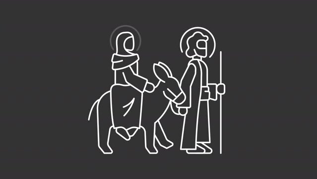 Mary and Joseph white line animation. Journey to Bethlehem animated icon. Biblical story. New testament. Isolated illustration on dark background. Transition alpha video. Motion graphic