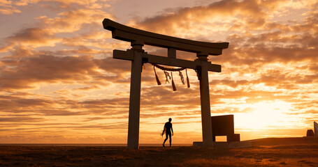 Torii gate, sunset sky and man at ocean with surfboard, spiritual history and travel adventure in Japan. Shinto architecture, Asian culture and calm beach in Japanese nature with sacred monument.