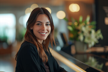 Photo of young woman working in hotel reception