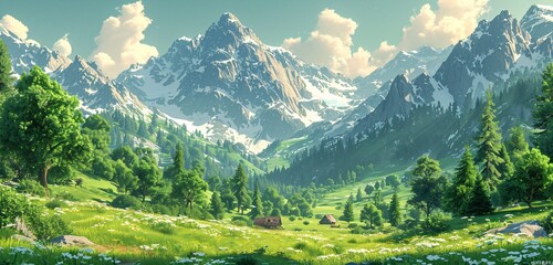 A Serene Mountain Retreat: A Tranquil Getaway Amidst the Snow-Capped Peaks Generative AI - obrazy, fototapety, plakaty
